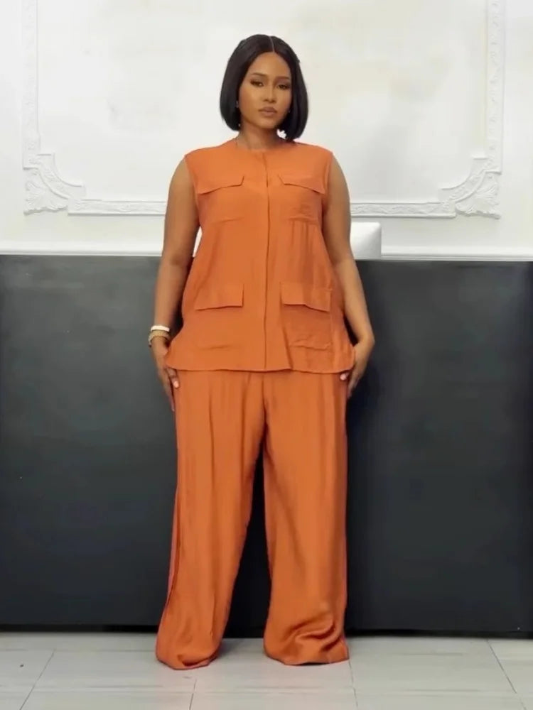 Pocket Detail Sleeveless Cardigan Vest & Wide Leg Pant Set
