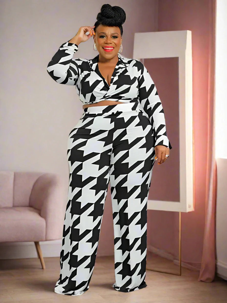 Vintage Plus Size Tie Dye Houndstooth Straight Pants Suit Two 2Piece Set aliexpress