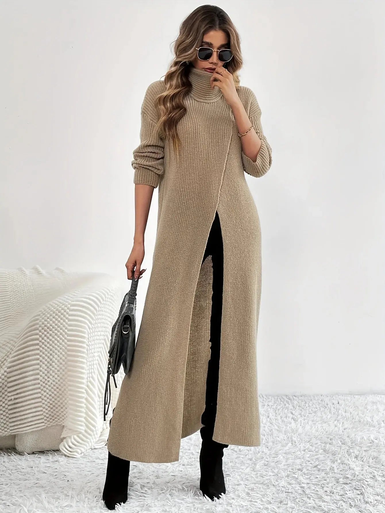 Knit Turtleneck Split Hem Maxi Dress Toshe Women's Fashions