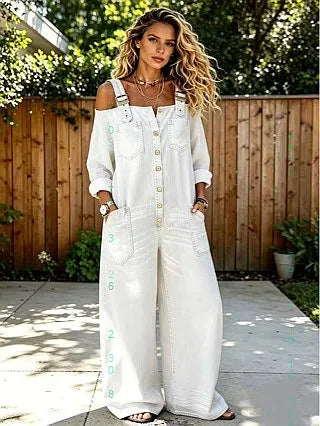 Off Shoulder Denim Wide Leg Jumpsuit w/Pockets