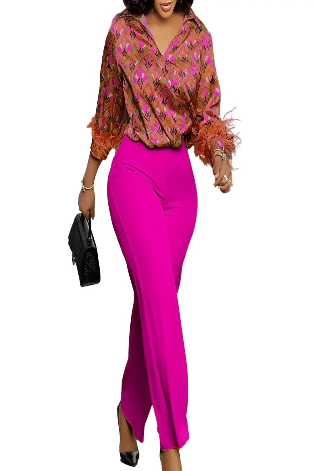 Satin Printed Blouse and Wide Leg Pants Set Toshe Women's Fashions