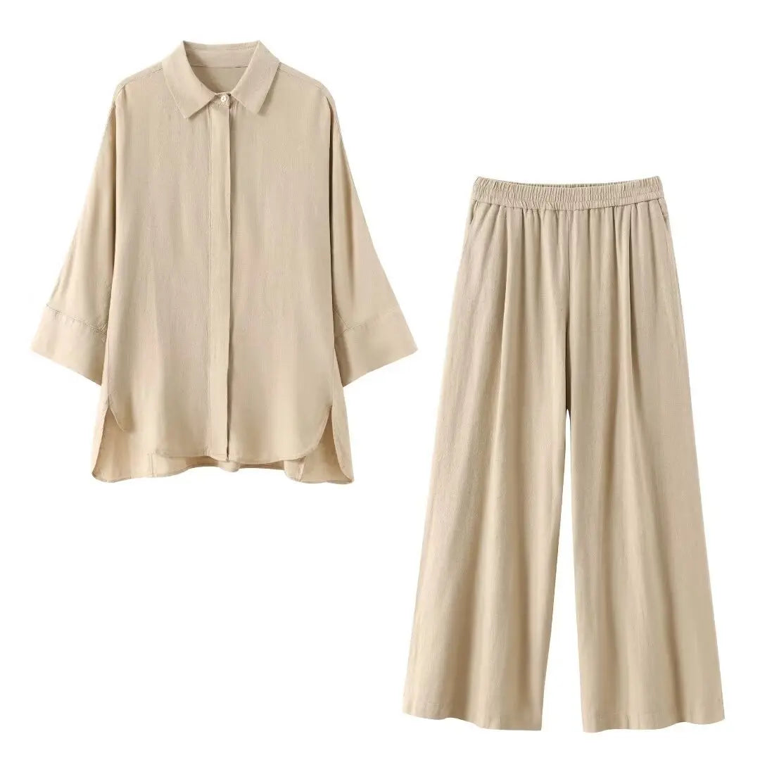 Linen Collared Single-Breasted Shirt & Pocketed Wide Leg Pant Set