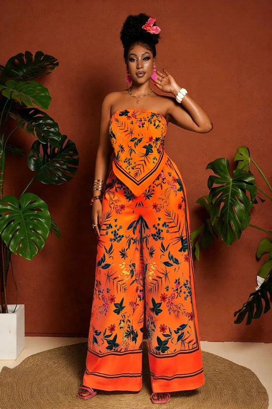 Floral Bandeau Top & Wide Leg Pants Set