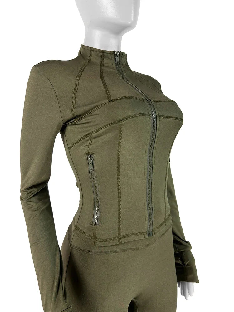 Mock Neck Zipper Fitted Top & Flared Pants Set – Sleek 2-Piece Athletic Lounge Outfit
