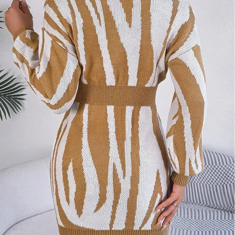 Autumn and Winter V-neck Stripe Long Sleeve Wrap Hip Sweater Dress aliexpress