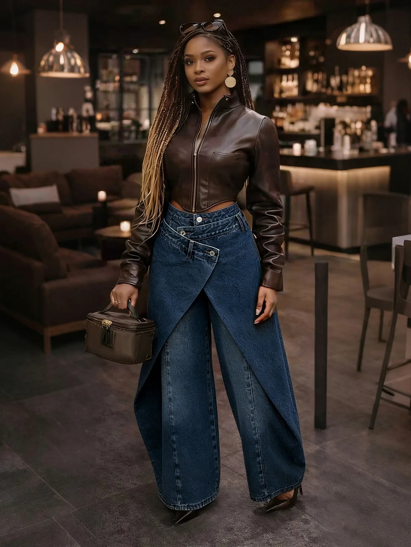Vintage Asymmetrical Wrap Overlap Washed Denim