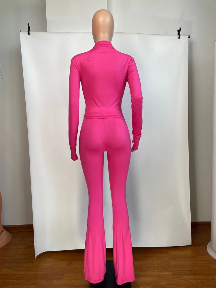 Mock Neck Zipper Fitted Top & Flared Pants Set – Sleek 2-Piece Athletic Lounge Outfit