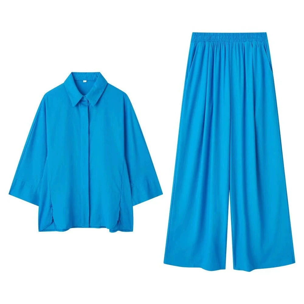 Linen Collared Single-Breasted Shirt & Pocketed Wide Leg Pant Set
