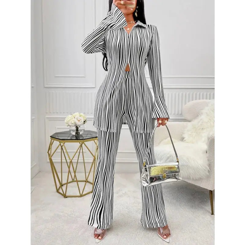 2 Piece Set Long Sleeve Striped Shirts High Waist Pants Matching Set 2024 Autumn Streetwear Office Lady Outfits aliexpress