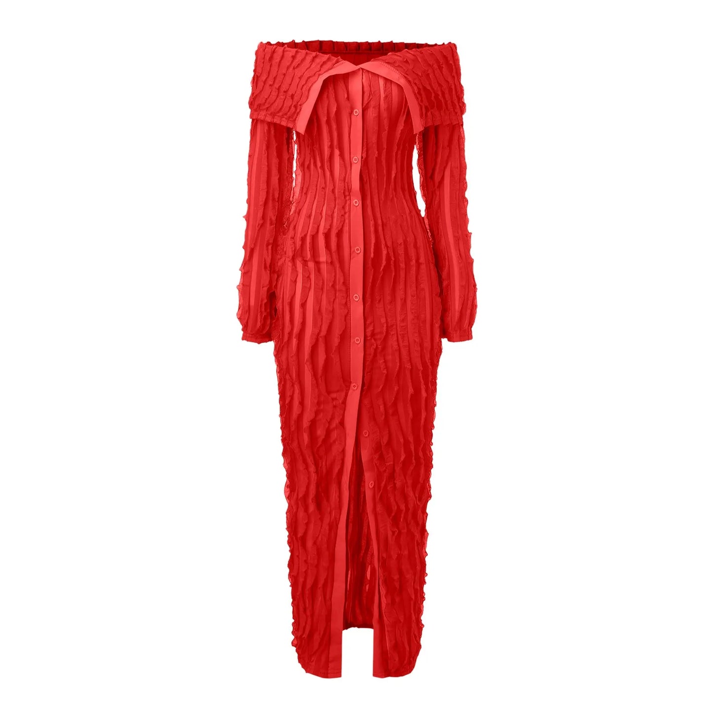 Elegant Off-Shoulder Maxi Dress – Long Sleeve Button-Down Holiday Outfit