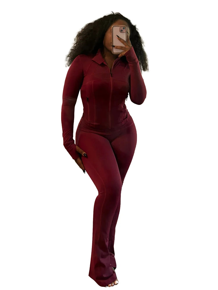 Mock Neck Zipper Fitted Top & Flared Pants Set – Sleek 2-Piece Athletic Lounge Outfit