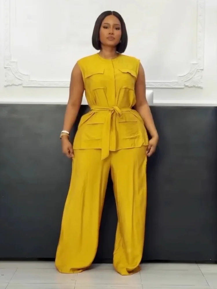 Pocket Detail Sleeveless Cardigan Vest & Wide Leg Pant Set