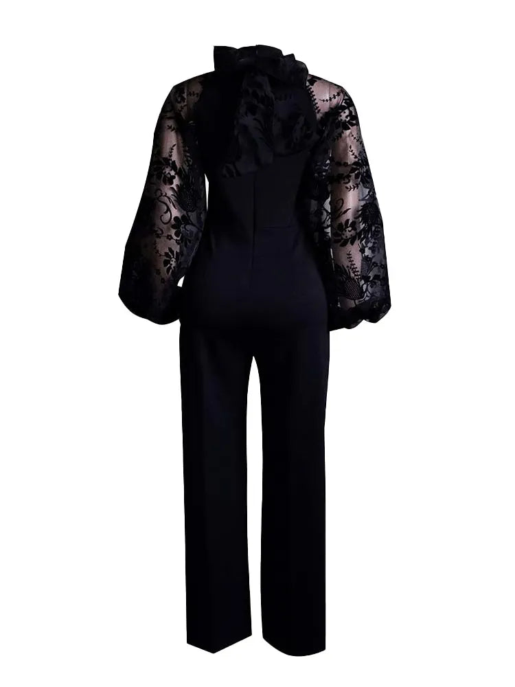 High Collar Sheer Floral Sleeve Belted Jumpsuit - Toshe Women's Fashions