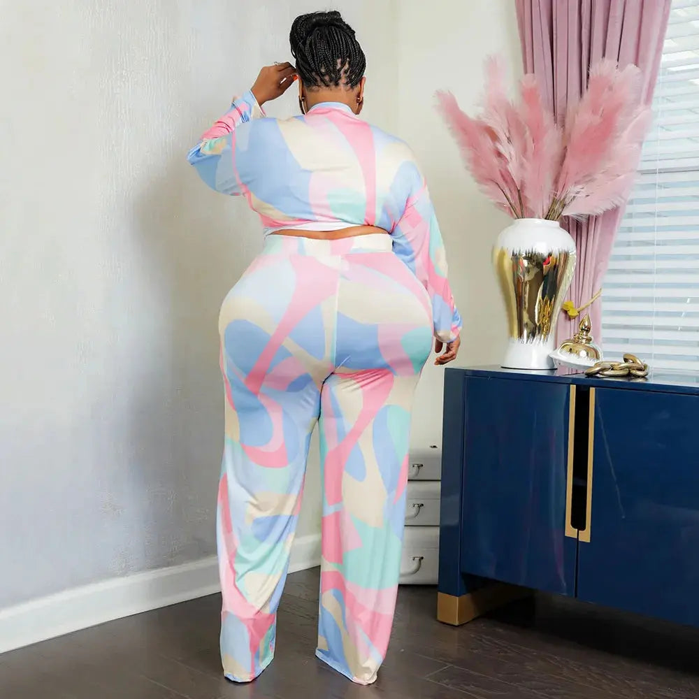 Vintage Plus Size Tie Dye Houndstooth Straight Pants Suit Two 2Piece Set aliexpress