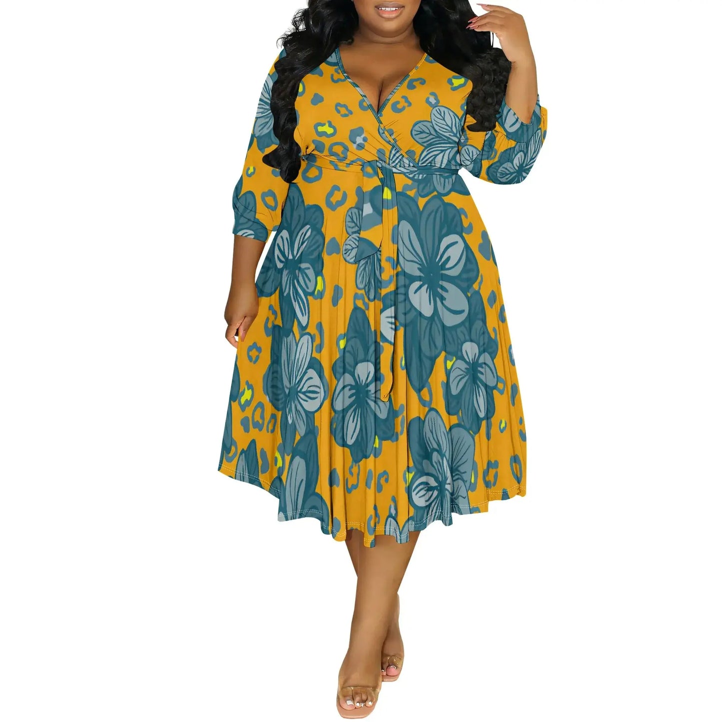 Leopard Palm Tree Print V-Neck Belted Dress Toshe Women's Fashions