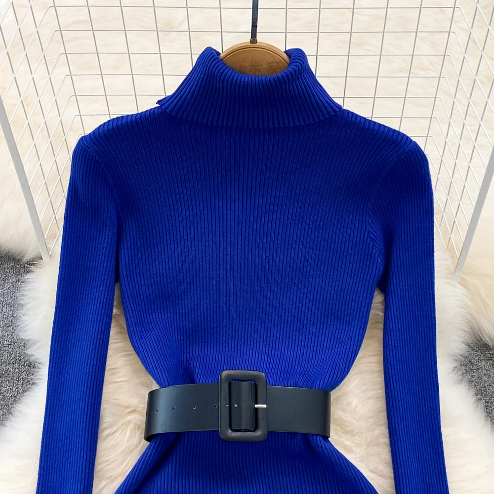 Knitted Turtleneck Sweater Bodycon Dress with Belt