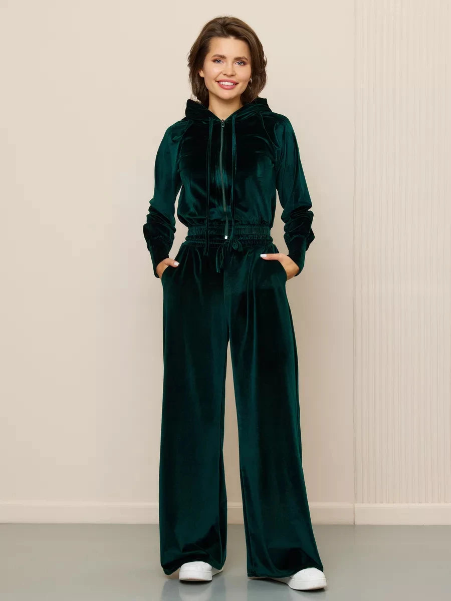 Velvet Hooded Zipper Jacket & Wide-Leg Pants Set – Luxe Two-Piece Loungewear Outfit