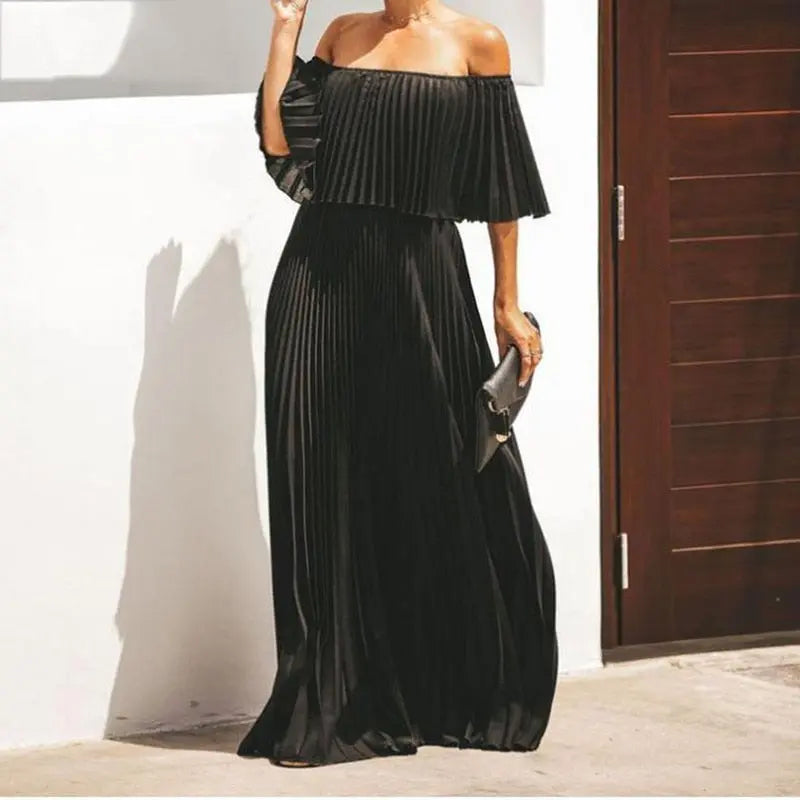 Off Shoulder Slash Pleated Maxi Dress - Toshe Women's Fashions