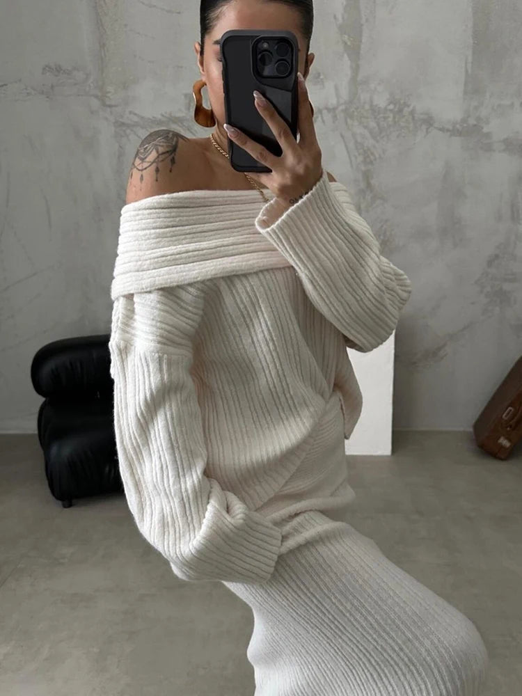 Ribbed Off Shoulder Knitted Sweater Top and Skirt Set