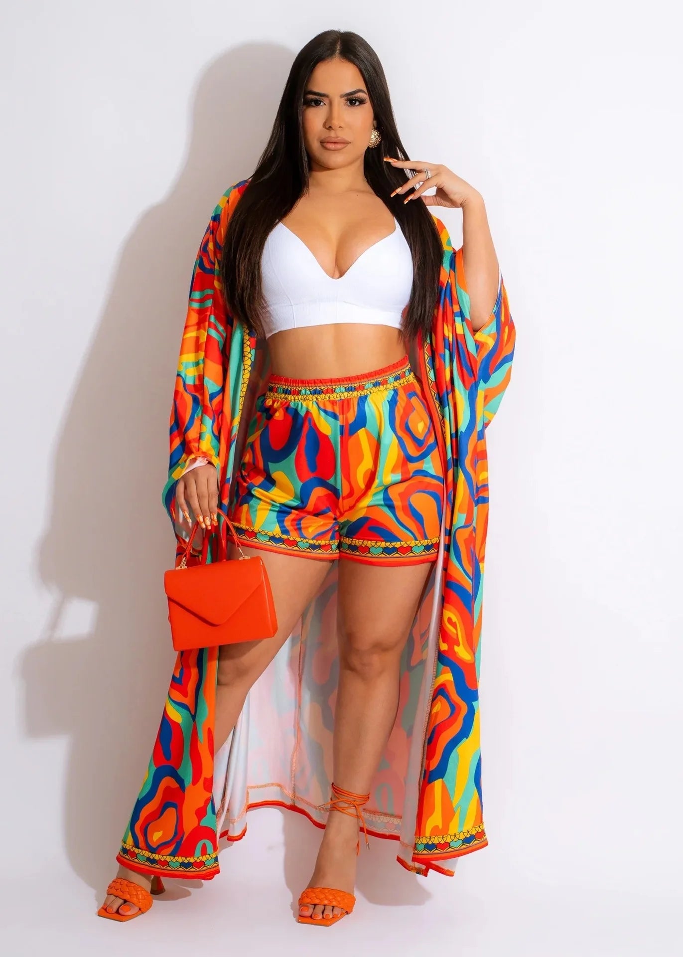 Colorful Long Cardigan and Shorts Set - Toshe Women's Fashions