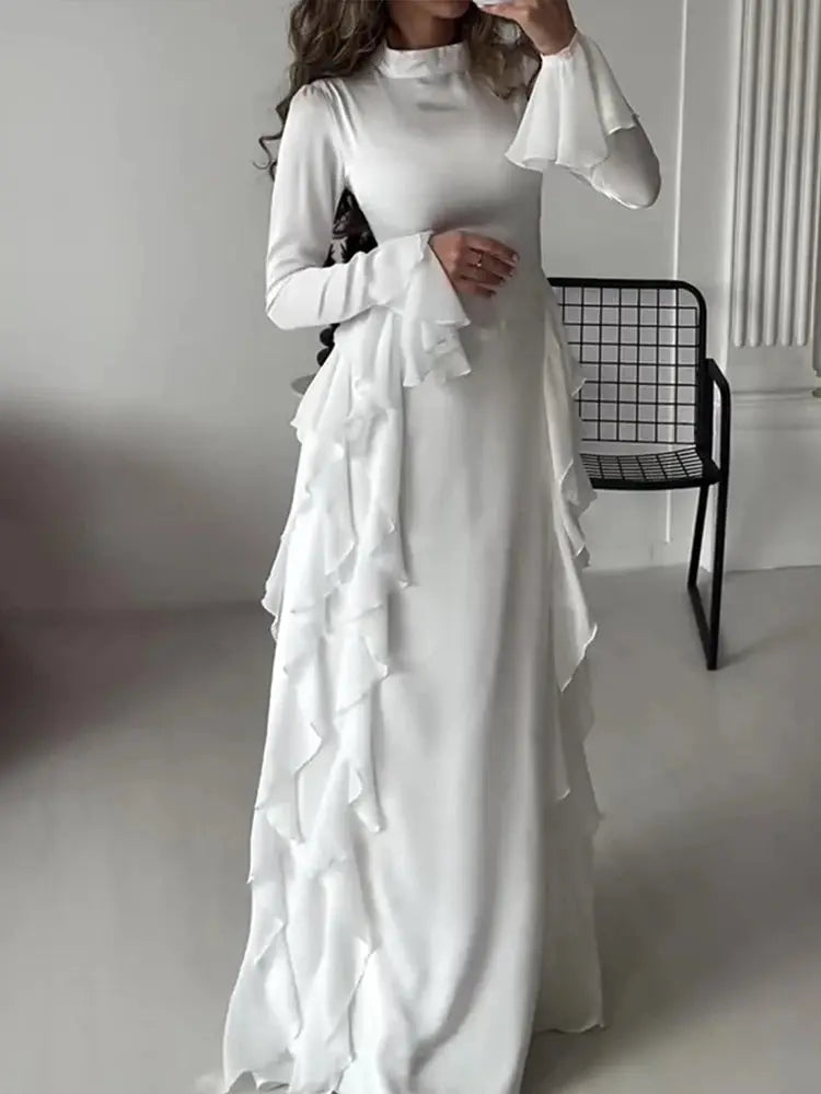 High Collar Flare Sleeve Long Dress Ruffles Sexy White Long Sleeves Lace-up Slim Dresses aliexpress