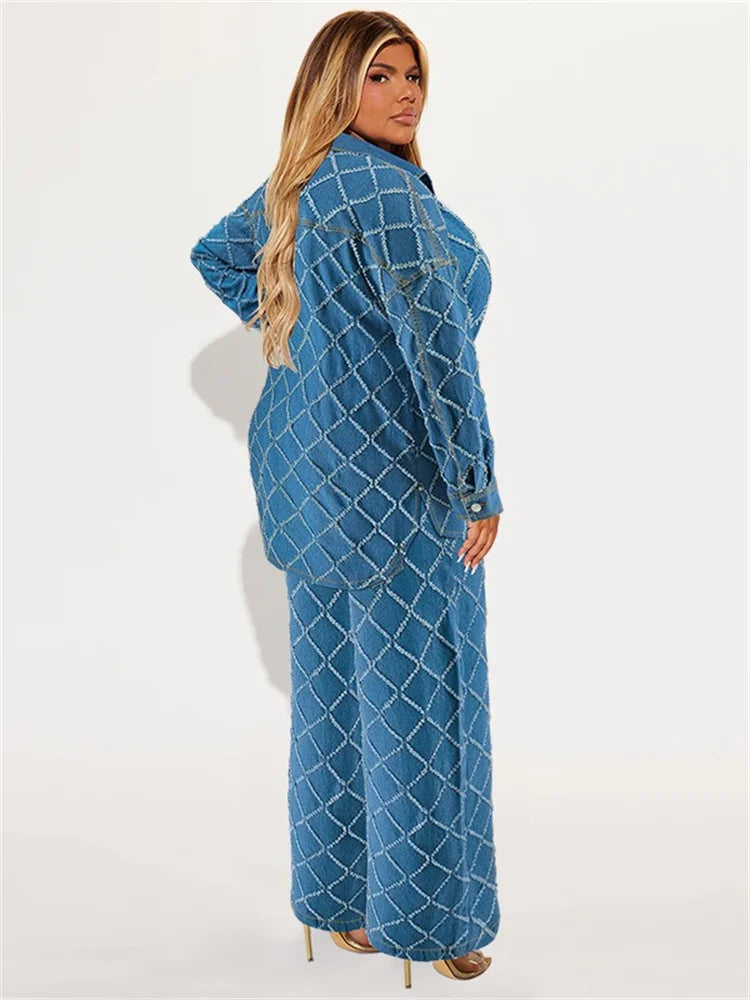 Diamond Detail Buttoned Long Sleeve & Denim Pants Set