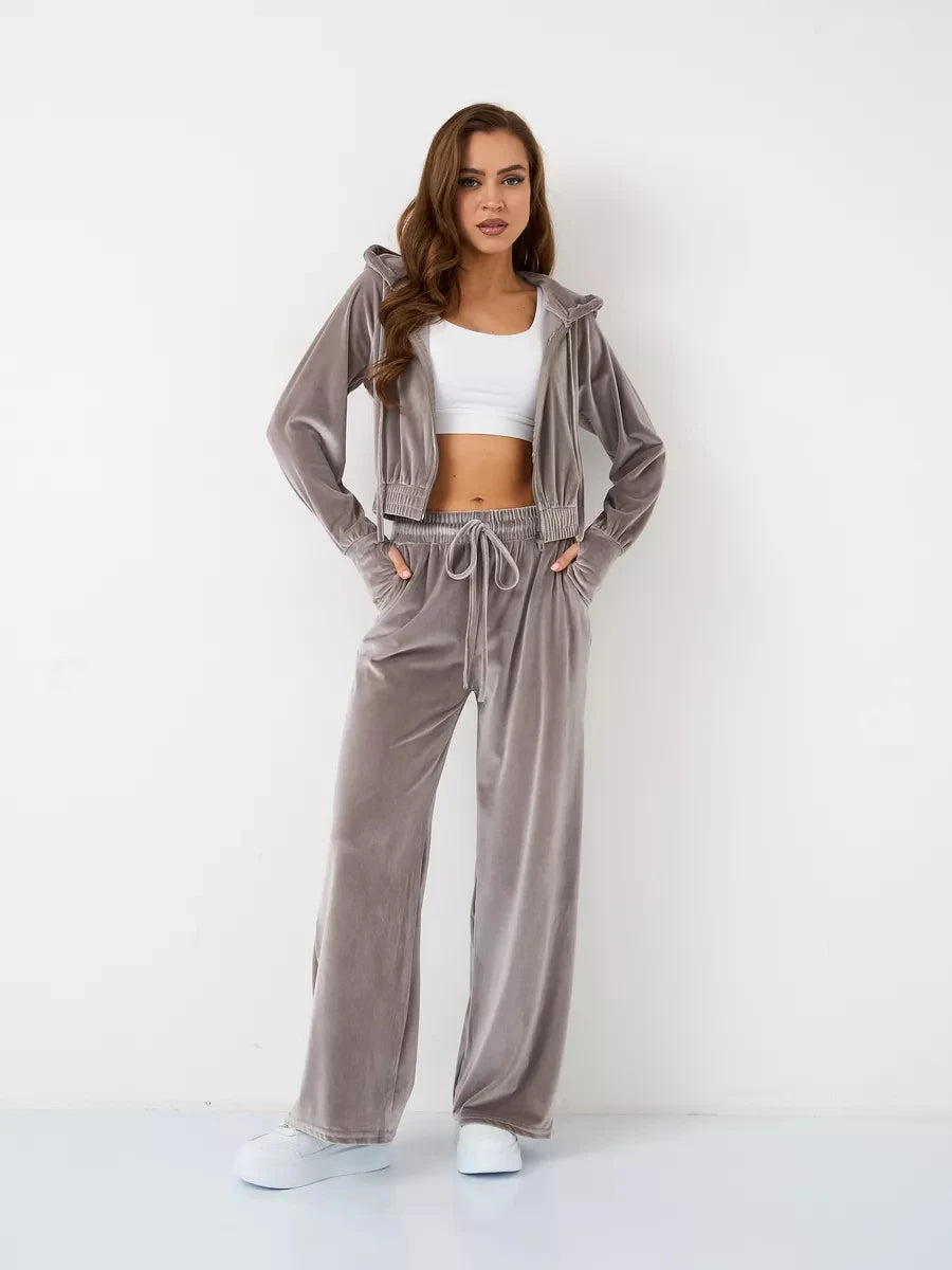 Velvet Hooded Zipper Jacket & Wide-Leg Pants Set – Luxe Two-Piece Loungewear Outfit