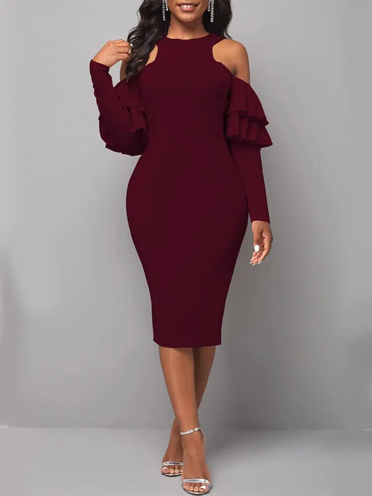 Cold Shoulder Ruffle Sleeve Dress - Toshe Women's Fashions