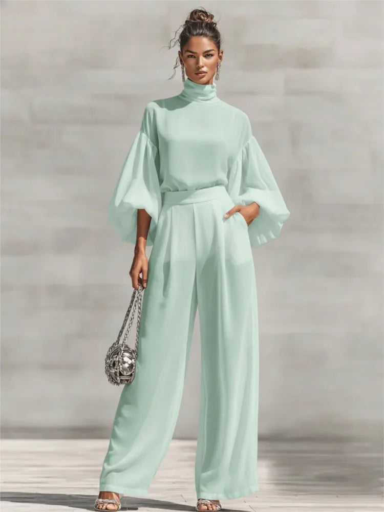 Chiffon High-Neck Lantern Sleeves & Wide Leg Pants Set