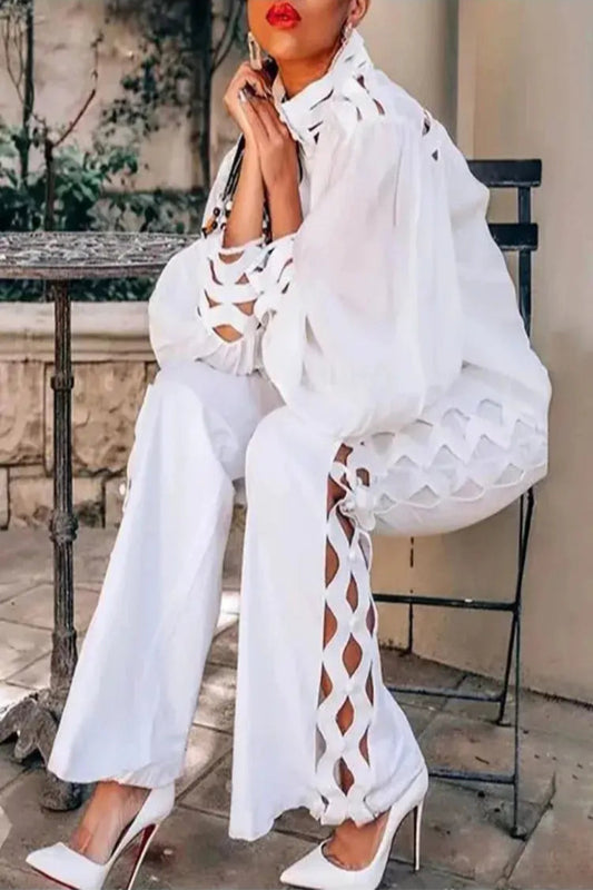 Hollow Out White Pants Wide Leg Jumpsuit Toshe Women's Fashions