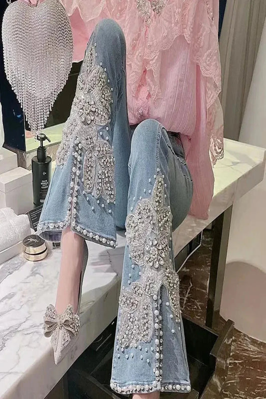 Floral Embroidery Diamonds Beaded Jeans High Waisted Slim Slightly Flared Slit Pearls Beaded Denim Pants aliexpress