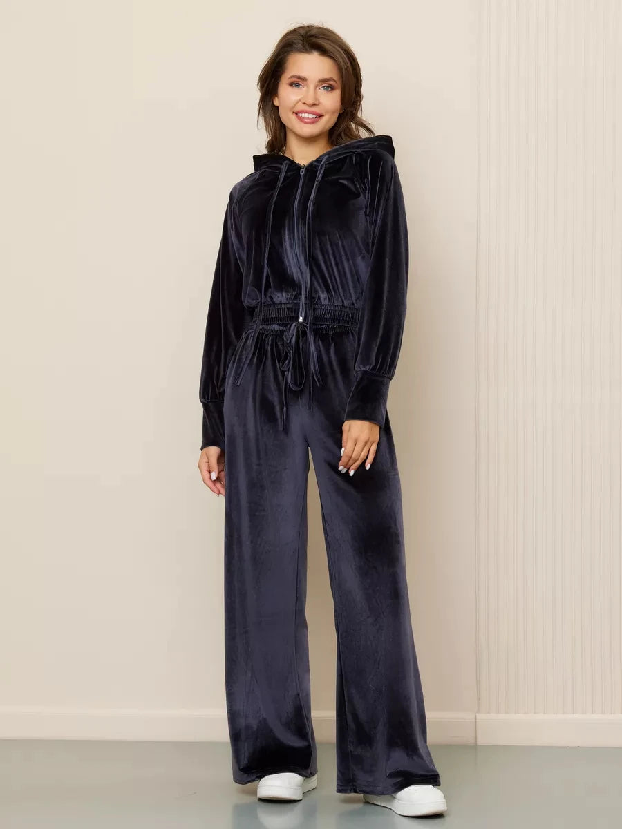 Velvet Hooded Zipper Jacket & Wide-Leg Pants Set – Luxe Two-Piece Loungewear Outfit