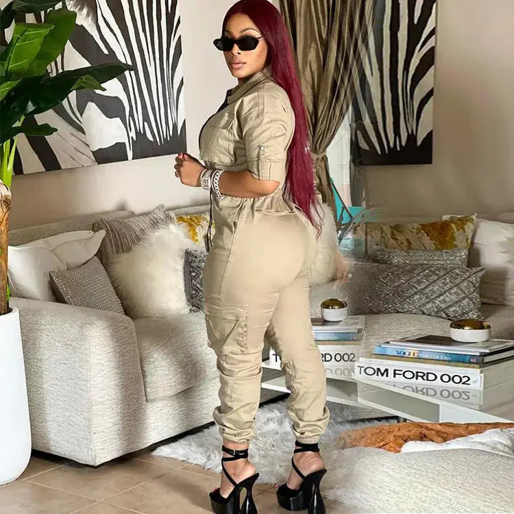 Tight Waist Jumpsuits Women Work Overalls Casual Half Sleeve One Piece Pocket Long Cargo Pants Rompers Long aliexpress