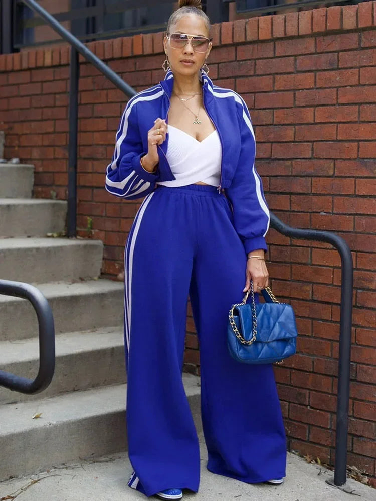 Side Striped Zipper Jacket Top and Wide Leg Joggers Set
