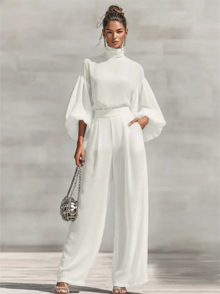 Chiffon High-Neck Lantern Sleeves & Wide Leg Pants Set
