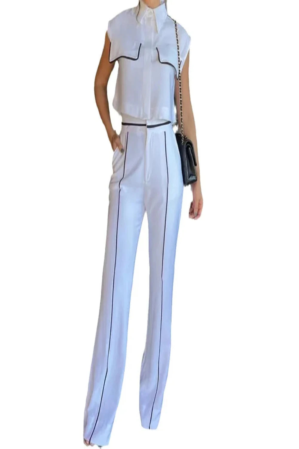 Piped Accent Vest Top & Cuffed High Waist Trousers Set