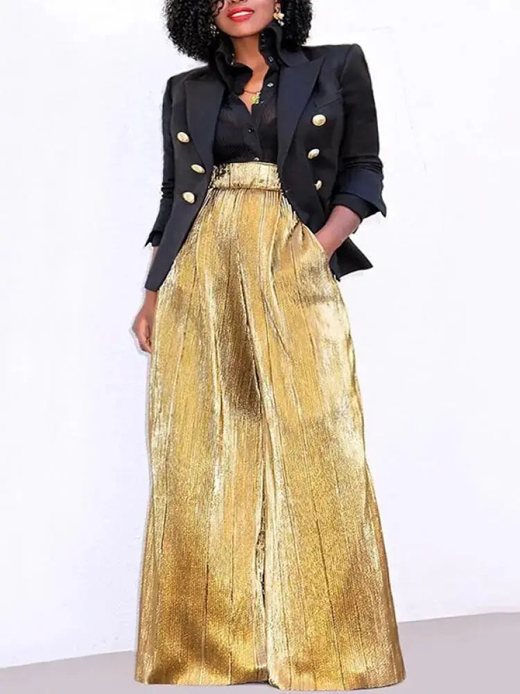 Gold High Waisted Wide Leg Trousers - Toshe Women's Fashions