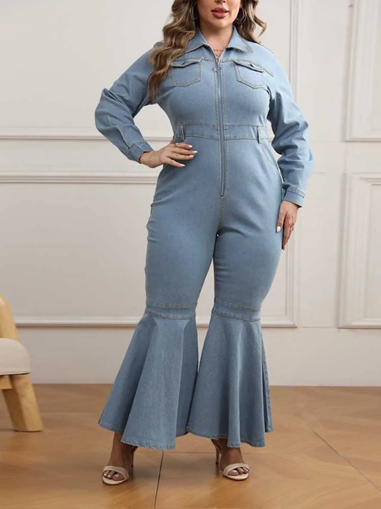Denim Flare Stretchy with Zipper Jumpsuit