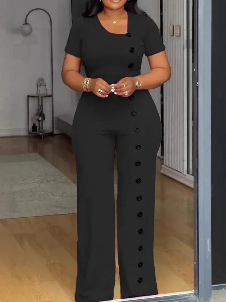 Irregular Collar Buttoned Front Wide Leg Jumpsuit Toshe Women's Fashions