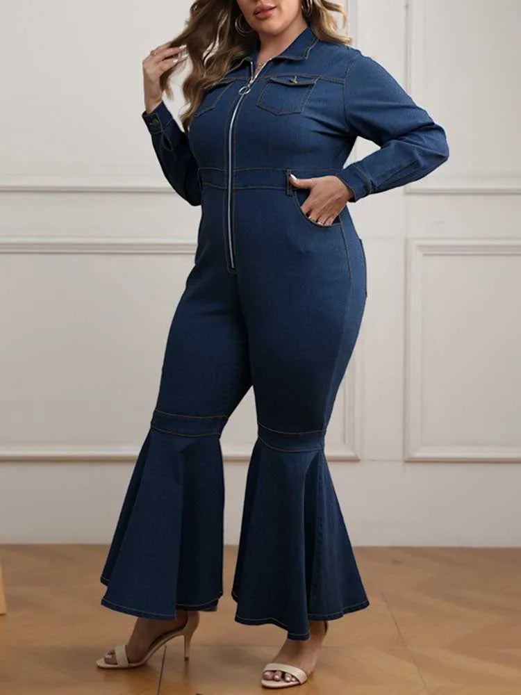 Denim Flare Stretchy with Zipper Jumpsuit