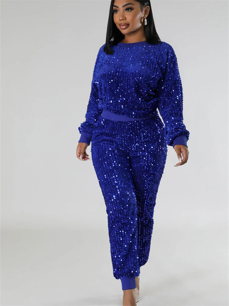 Sequins Long Sleeve Top and Cargo Pants - Toshe Women's Fashions