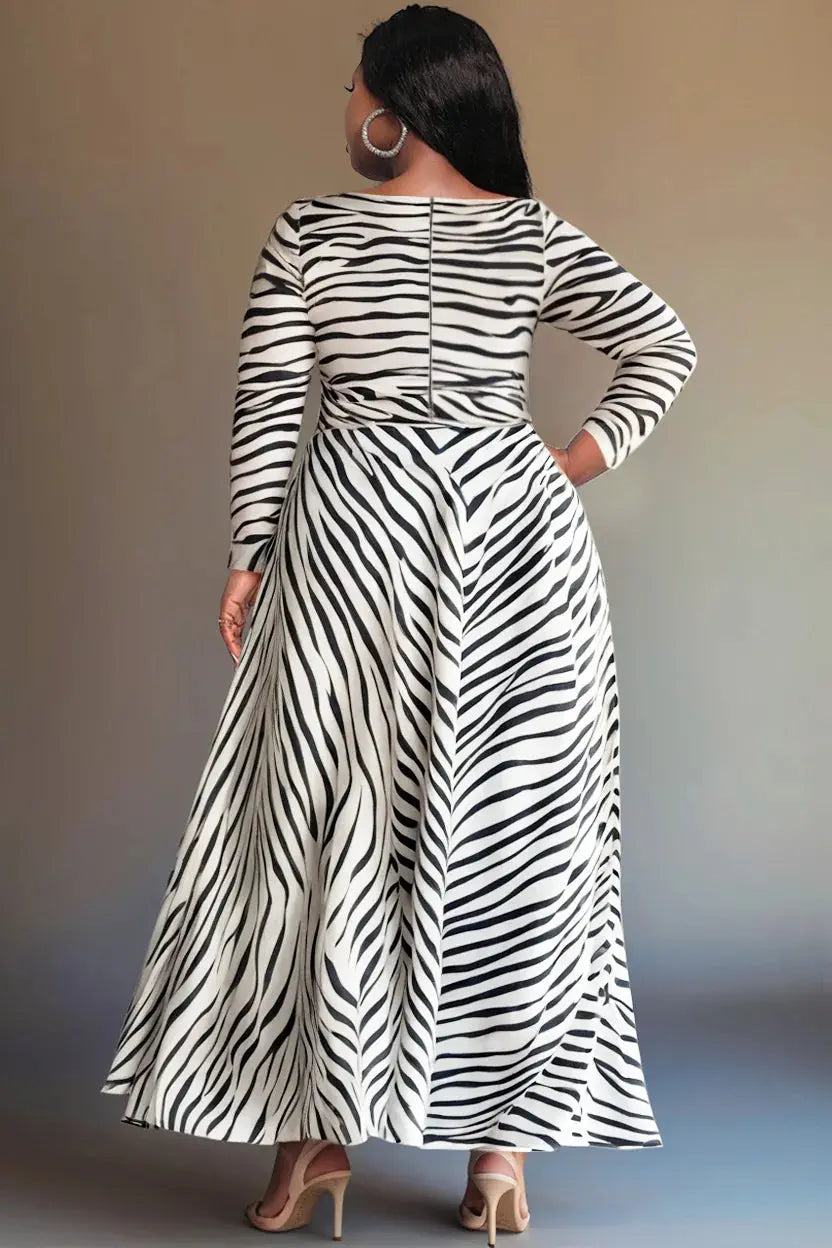 Plus Size Business Casual White Water Ripples Round Neck Long Sleeve Split Knitted Maxi Dresses Toshe Women's Fashions