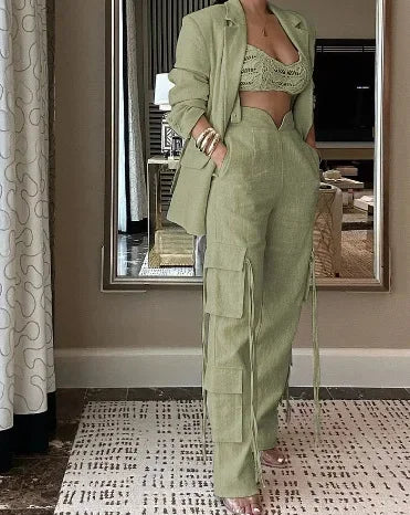 Oversized Long Sleeve Linen Blazer Suit and Wide Leg Cargo Pants Set