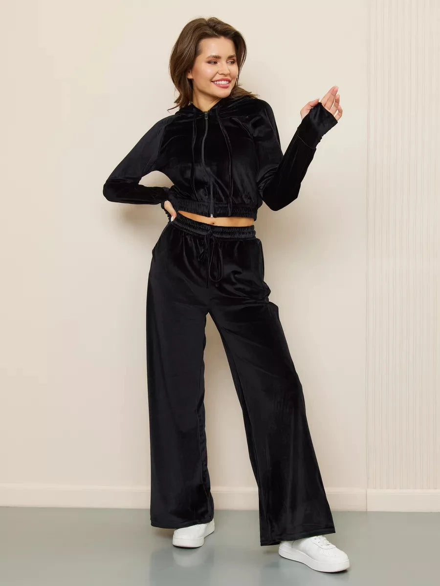 Velvet Hooded Zipper Jacket & Wide-Leg Pants Set – Luxe Two-Piece Loungewear Outfit