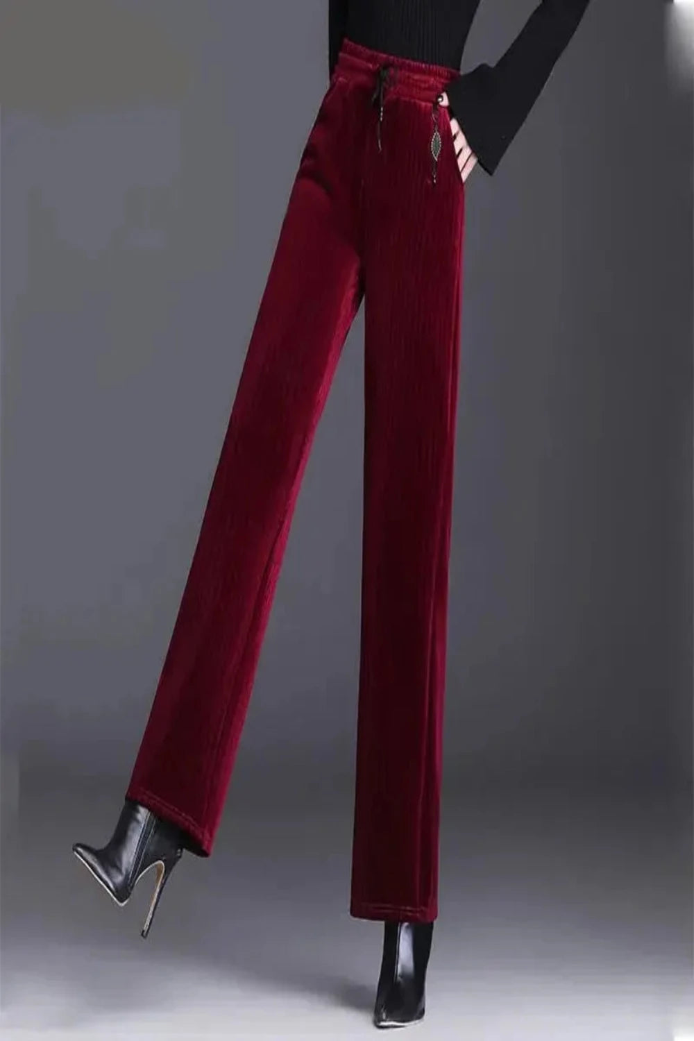 Velvet Stripe Pattern Wide Leg Pants - Toshe Women's Fashions