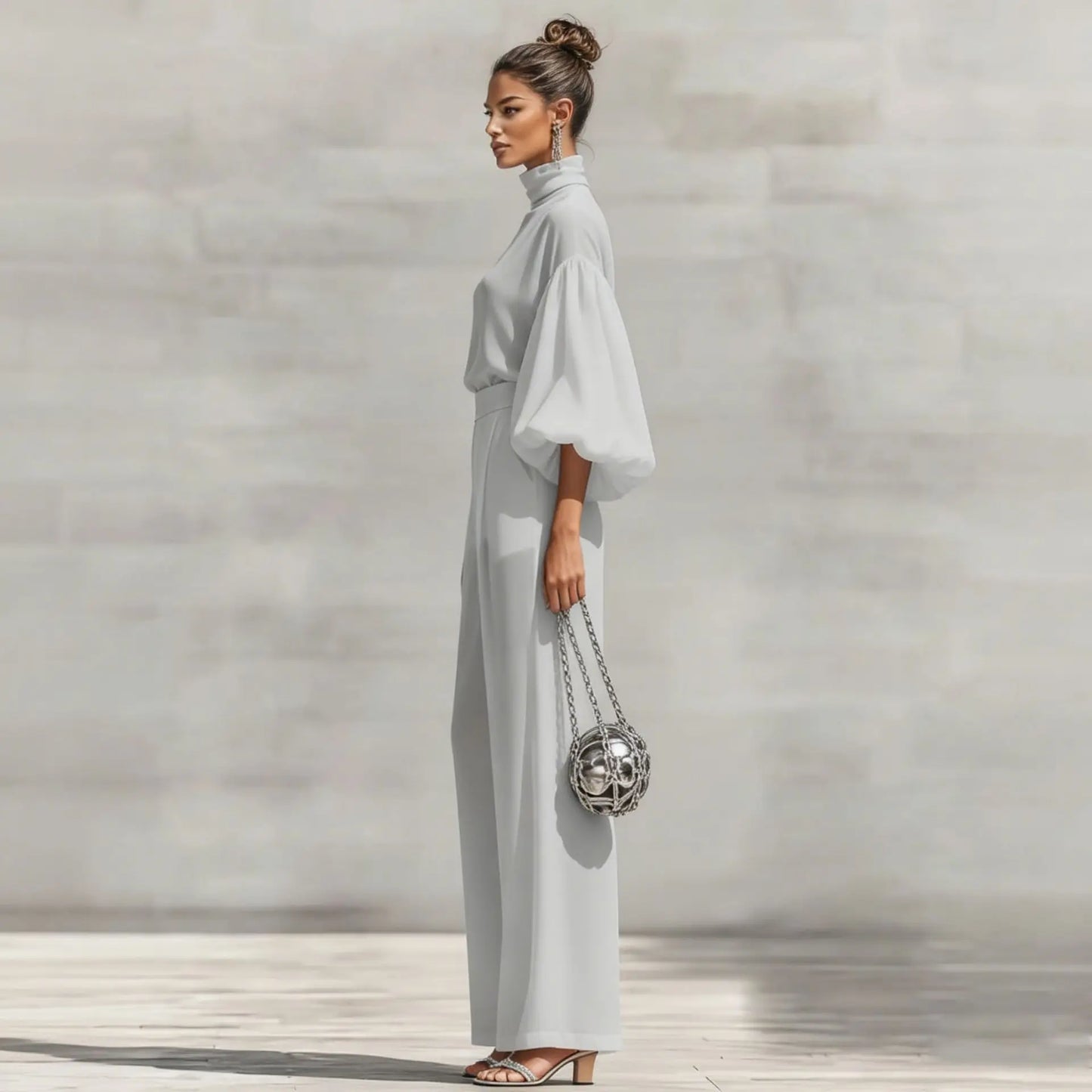 Chiffon High-Neck Lantern Sleeves & Wide Leg Pants Set