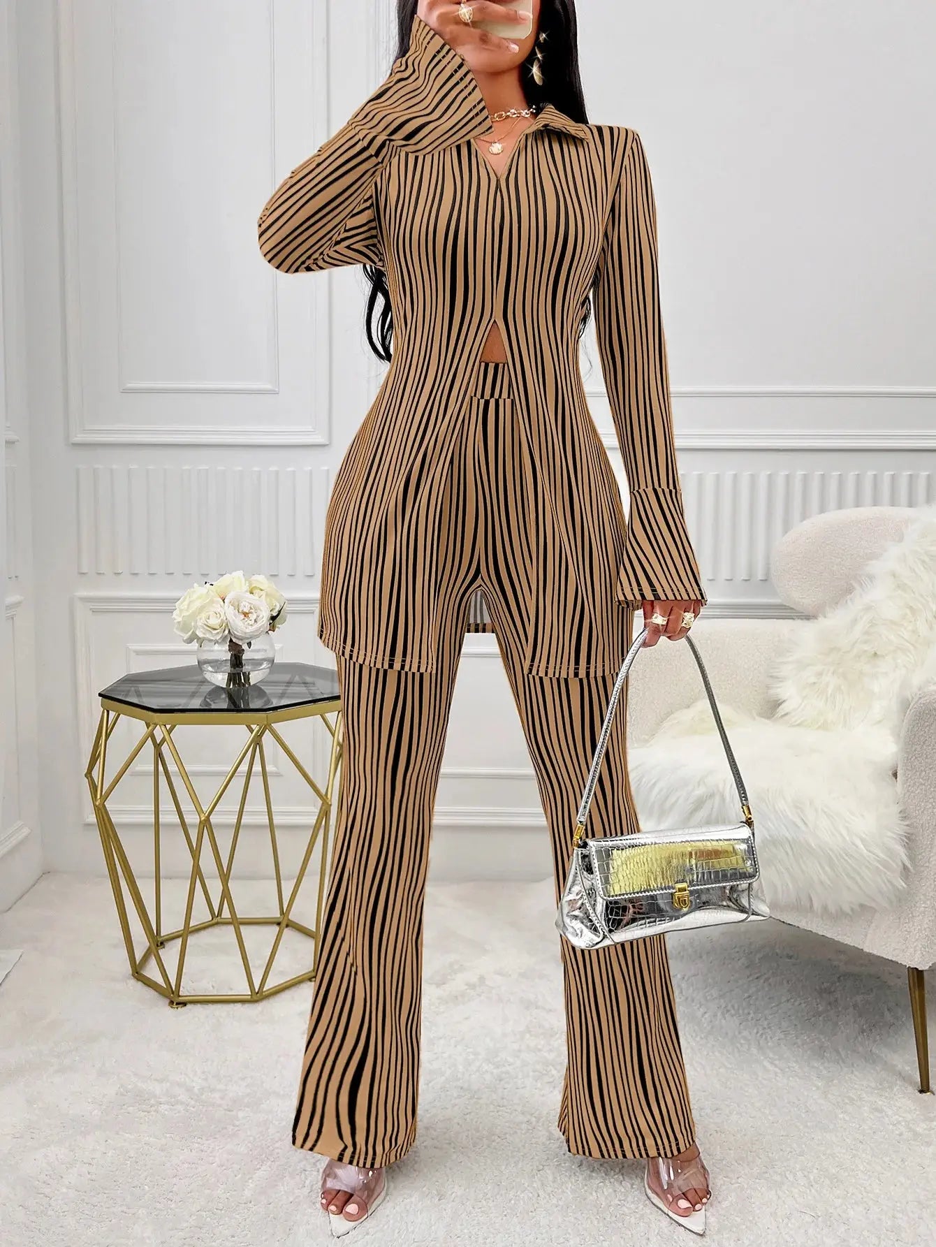 2 Piece Set Long Sleeve Striped Shirts High Waist Pants Matching Set 2024 Autumn Streetwear Office Lady Outfits aliexpress