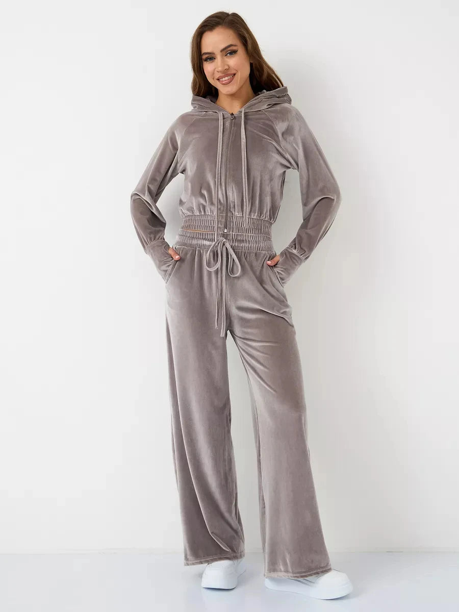Velvet Hooded Zipper Jacket & Wide-Leg Pants Set – Luxe Two-Piece Loungewear Outfit
