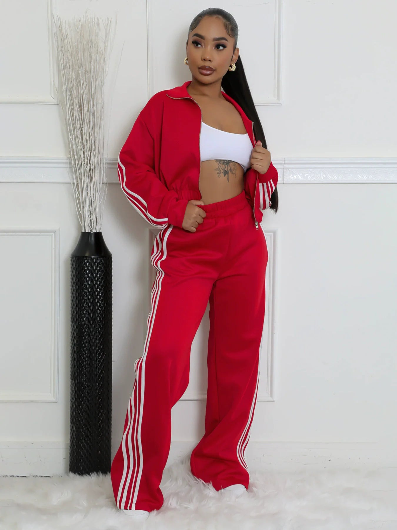 Striped Cropped Sweatshirt & Straight Pants Set