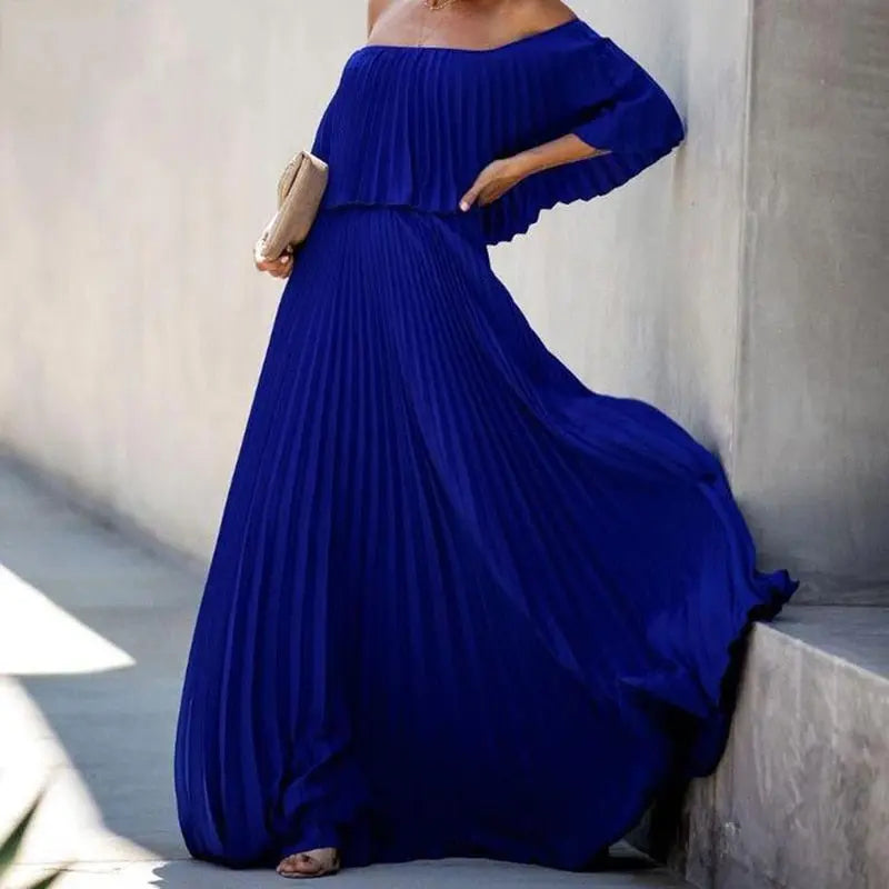 Off Shoulder Slash Pleated Maxi Dress - Toshe Women's Fashions